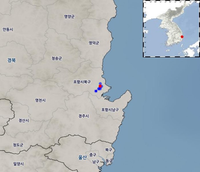 포항 지진이 발생한 뒤 인근에서 발생한 규모 3.0 이상 지진을 지도에 표시했다. 빨간 점이 포항 지진이 발생한 위치며 파란색 별이 2월 11일 발생한 규모 4.6 여진이다. - 기상청 제공